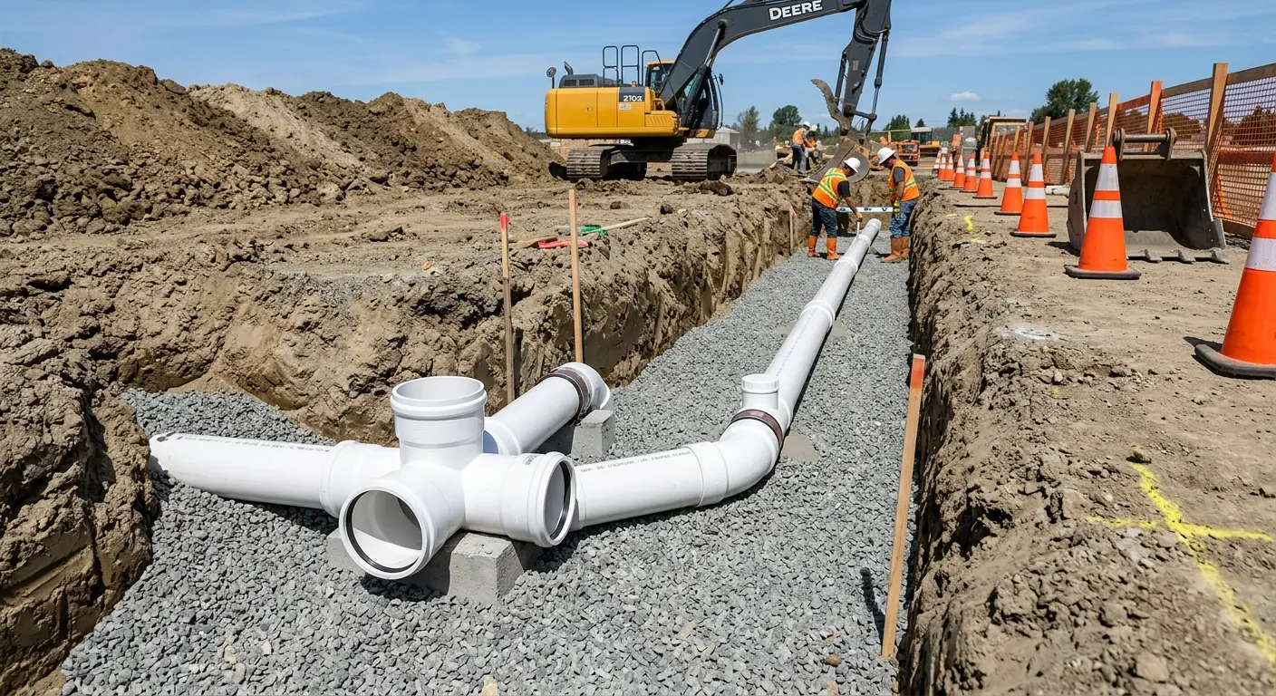 New PVC sewer pipe installation in open trench for Sewer Backup in Winters